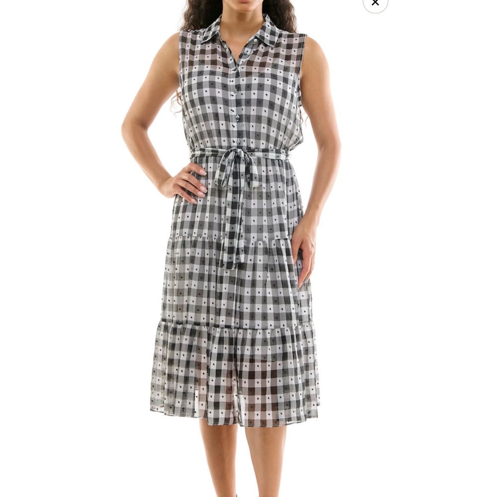 Nanette Lepore Gingham Swiss Dot Tiered Midi Dress Black White NM2S16H46 Size 4